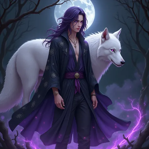 Jack stands with his dark purple hair flowing freely in the wind, blending seamlessly into the dark background. His expression is softer, almost enigmatic, with his purple fox eyes glowing faintly. He wears a long, flowing robe with celestial patterns of b...