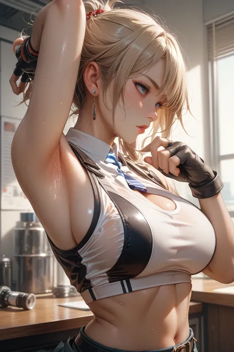 masterpiece、 High Quality , 1 girl,  sleeveless, FINGERLESS GLOVES 、sweat、 Big Breasts 、Armpit