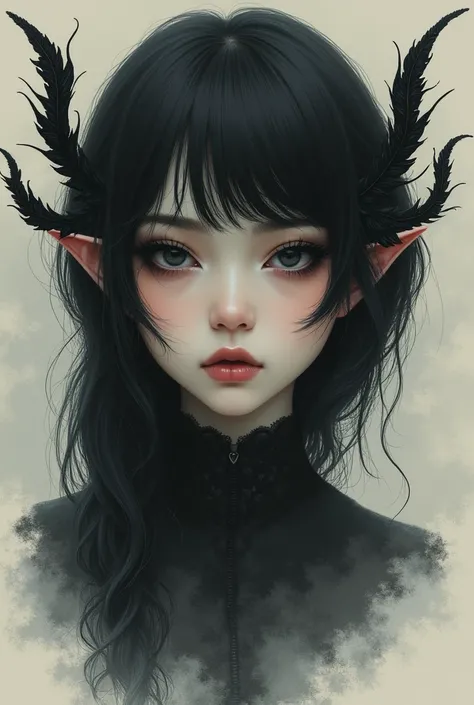  A tender drawing of a woman with black hair, gothic makeup, and expansions on the ears 