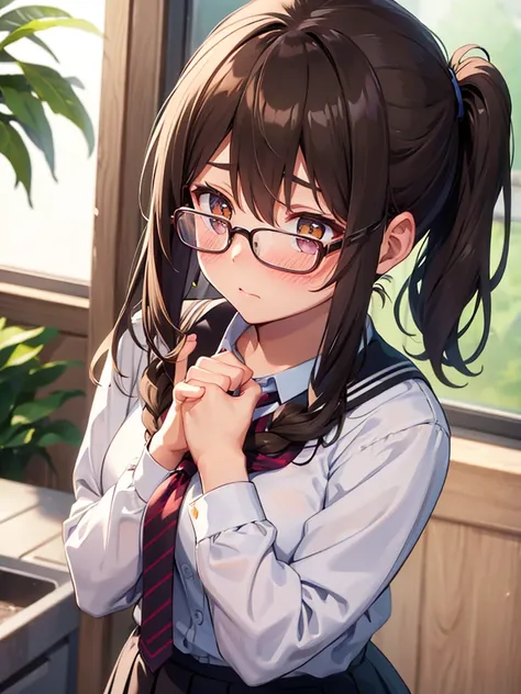 1girl,medium breasts,school uniform,Bend forward and hold your chest,wear glasses
face close-up,raise your hand,I can see the side,
eliminate shadows
brown hair,long hair,tie hair,tie hair back,
brown eyes,blush, nose blush, embarrassed,very embarrassed,fa...