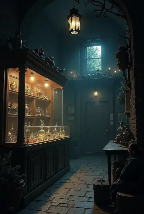  Witchcraft shop with no one, with glass counter , without so much lighting and with a large sofa in the darkest corner