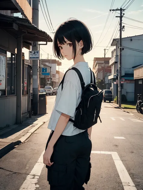 Chihiro, line drawing, 14-year-old Japanese female junior high school student, alone, Bad mood, sunset sky, (((asymmetrical short hair, black hair))), blue jacket, white shirt, short sleeves and hem, black sneakers, ((Black cargo pants)), humming, Look bac...