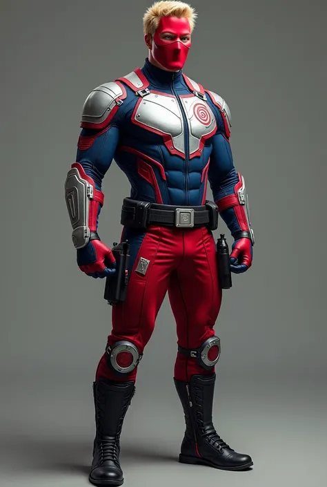 A blond and brown-eyed superhero who wears a red mask with silver coating on the edge, the upper part , , a closed silver vest that looks like the top of a jumpsuit with red lines and a symbol that looks like a hurricane composed of 2 red and 2 blue lines ...