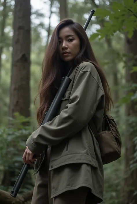 cinematic shooting of a very smart beautiful Thai woman 26 years old, action image, long hair styling , full body shot, wearing local green ล่าสัตว์ jacket, holding hunter riffle, background is primeval forest, black and white, high quality, national Geogr...