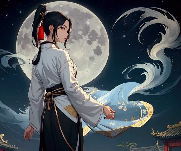 The background is a street of some provincial town in Ancient China: a bright moonlit night and a swirling fog below.
The male focus, the male celestial stands in the middle of the image, he looks at the viewer from under his brows, ominously, his eyes are...