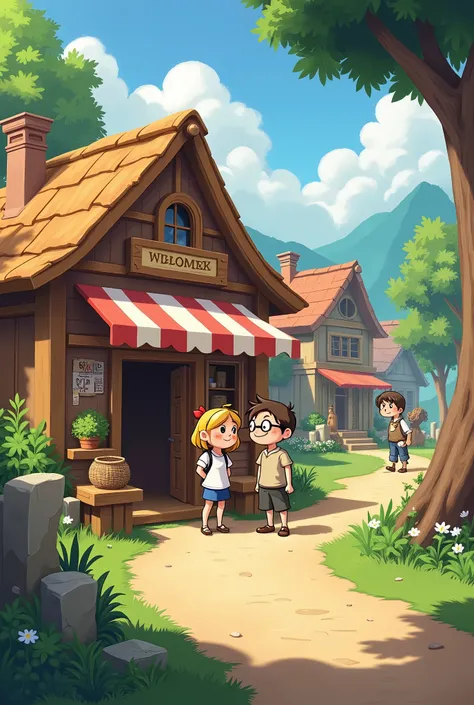 
1. Village Shop Exterior
A small, cozy shop in a rural village setting with wooden walls and a thatched roof. Two friends, one short and one tall, stand outside the shop smiling. The shop sign is simple, and the surrounding area includes greenery, small h...