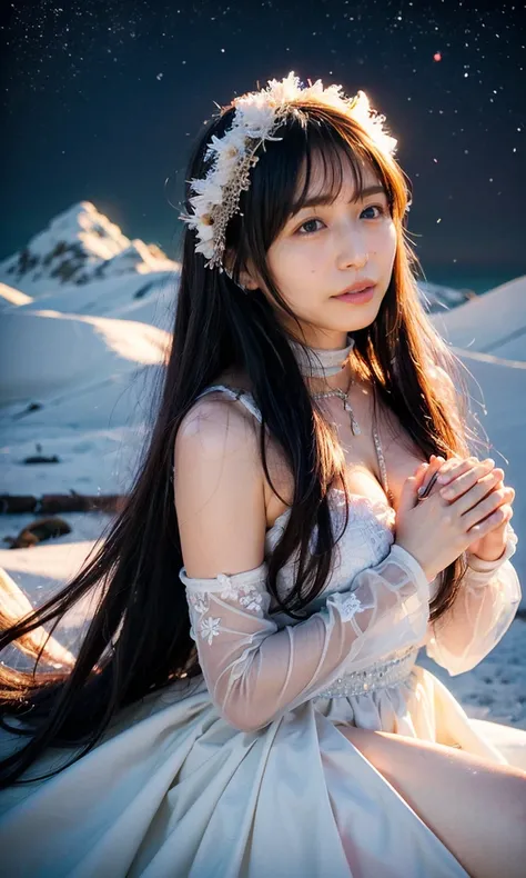 (     smiles、 Snowflakes 、When she casts a spell , Snow-capped mountain ranges in the background、Sunset、 Magic Rim 、staring at something、diamond dust flutters、クリーム色のhair、   Heavy snowfall area      、   Its snowing  、    blue eyes、    blue eyes、Elegant and ...