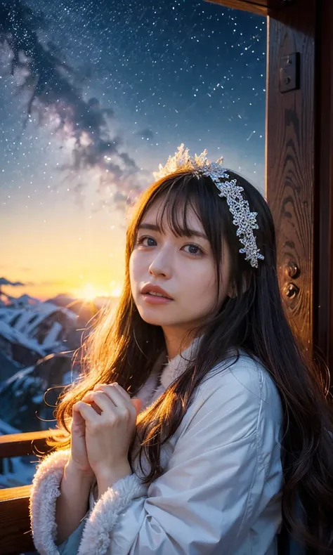 (     smiles、 Snowflakes 、When she casts a spell , Snow-capped mountain ranges in the background、Sunset、 Magic Rim 、staring at something、diamond dust flutters、クリーム色のhair、   Heavy snowfall area      、   Its snowing  、    blue eyes、    blue eyes、Elegant and ...