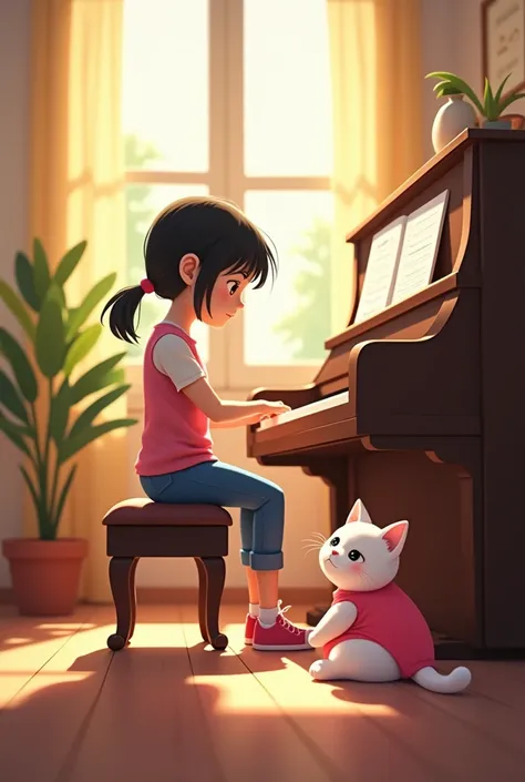 The same living room setting. The college girl sits at the piano, her fingers hesitating over the keys as she tries to play a simple melody. Her expression is one of mild frustration. The chubby white cat in a pink leotard sits on the floor, watching her c...