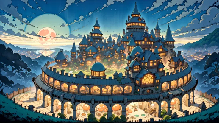 (masterpiece, ultra-detailed, top quality), (cartoon-like illustrations reminiscent of Hayao Miyazaki, Japanese 2D animation, shadows:1.3), distant night view from above, (3 huge peach moons:1.6), (huge medieval European castle town:1.3).