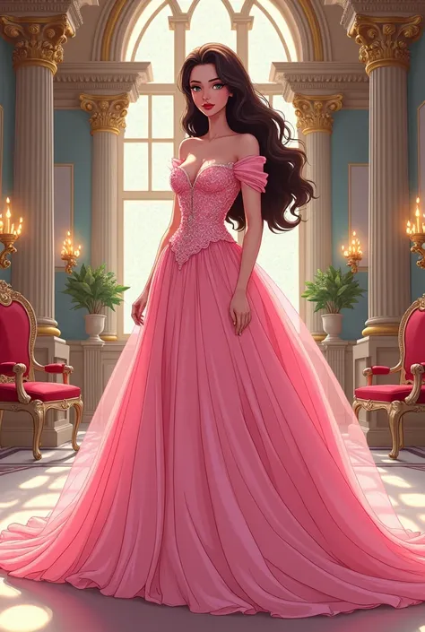 webtoon art of a 20 years old woman wearing a pink offshoulder sexy front ballgown in the castle 