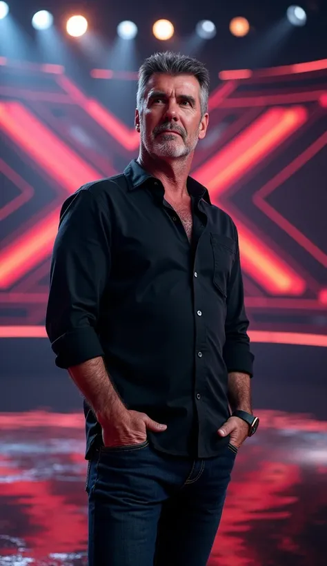 Simon Cowell, standing on the stage of The X Factor, is dressed in a black shirt and jeans, with his typical relaxed yet still commanding style.