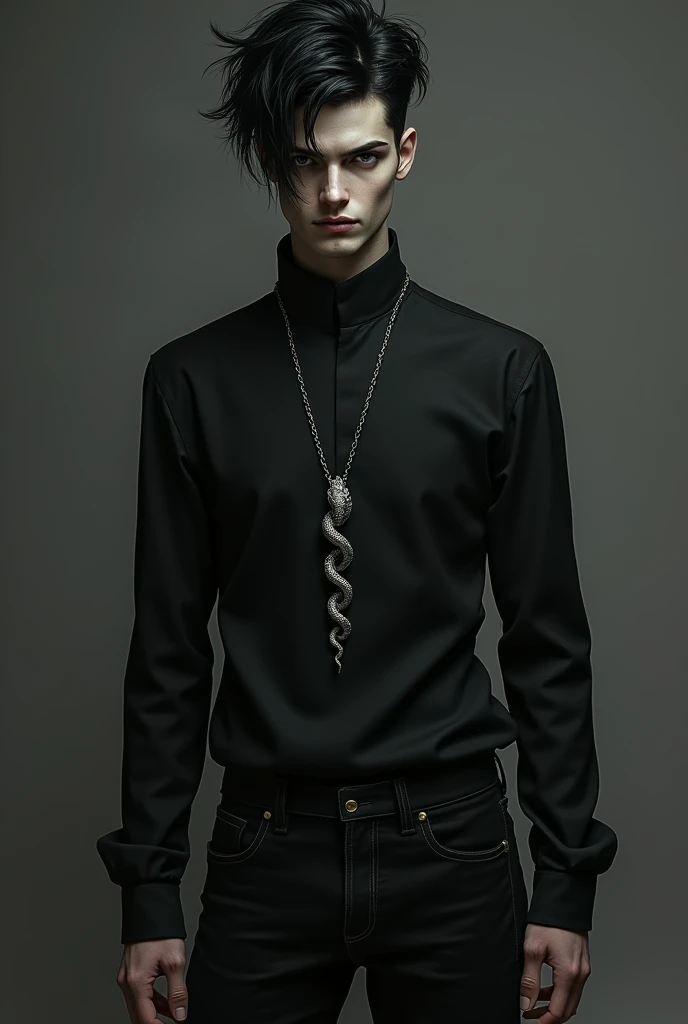  a guy with very pale skin and short black, irrigated hair.  Dressed in black jeans and , snake pendant on the neck 