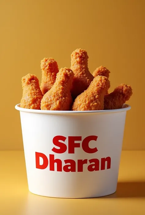 crispy chicken drumsticks 8 pieces bucket 
Like SFC chicken bucket
Bucket color white text color red  big bucket
Bucket name is SFC DhARaN


