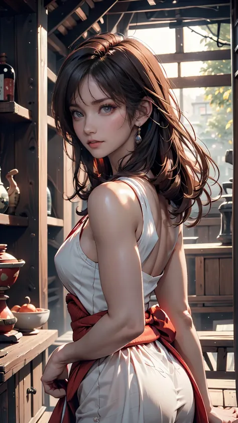 (photo realistic :1.4), top quality, realistic , masterpiece,  extremely delicate and beautiful, CG, very detailed  , high definition ,  very detailed ,  1 girl, Tifa_ Lockhart , beautiful detailed girl looking back,whole body,  realistic ,Japanese clothin...