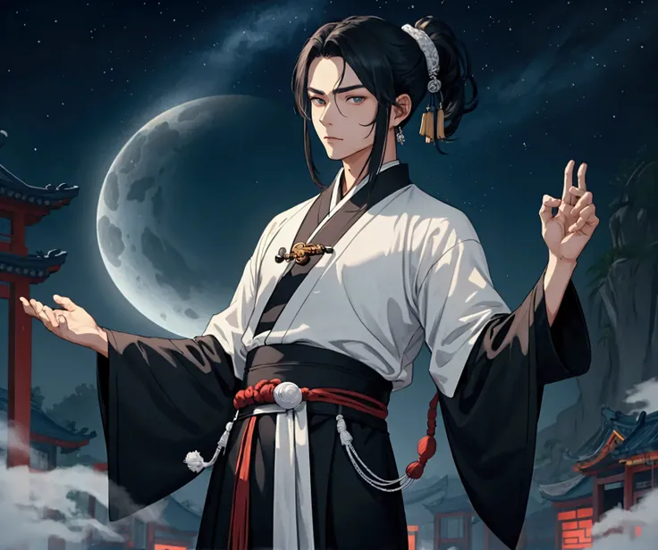 The background is a street of some provincial town in Ancient China: a bright moonlit night and a swirling fog below.
The male focus, the male celestial stands in the middle of the image, he looks at the viewer from under his brows, ominously, his eyes are...