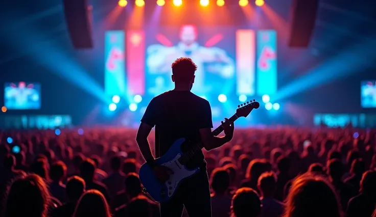 A dynamic image of a musician playing an electric guitar on stage during a vibrant live concert. The silhouette of the guitarist stands out against the colorful lights of the venue, with blue and warm orange hues dominating the scene. A vast, energetic aud...