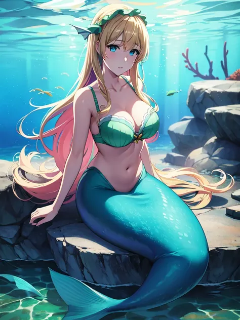 violet evergarden, solo, mermaid, underwater sea, coral, fish, masterpiece, best quality, 1girl, solo, blonde hair, long hair blue eyes, large breasts, bra, looking at viewer, green mermaid tail,Bokeh, Wide-Angle, sit on rock underwater sea, seaweed, coral...