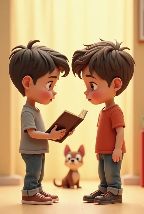 Young boy holding a torn book in his hand, showing it to young boy  with an annoyed expression, while a small mischievous dog stands in the background.
3D young cartoon photo 