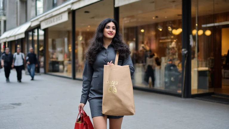 Beautiful young wife 、 beautiful big bust 、 beautiful long legs、 Happy Faces 、Long and beautiful black hair、 ergonomically correct body 、Expensive suits and high heels 、 in front of luxury brand stores during the daytime 、 have lots of paper bags