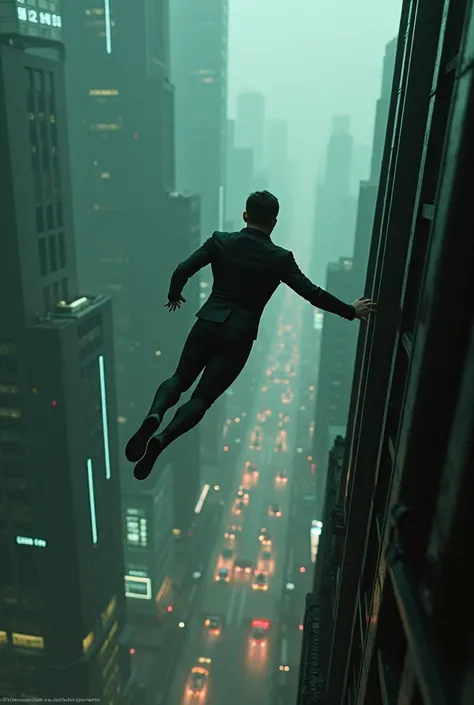 create a matrix-style charcter jumping out of a skyscraper in a dark city in a black suit