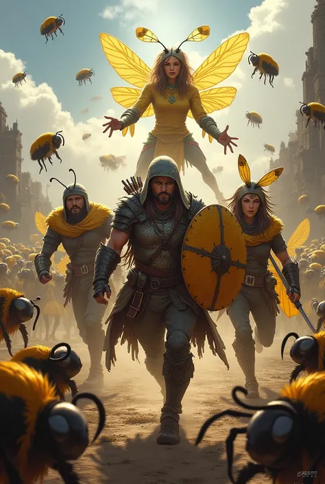 4 guys 1 of them leader 1 holding shield 1 with arrows and 1 as deadly assassin and you can see there face fighting countless men dressed as bees and the bee guys fight under 1 girl dresses as bee queen the bee guys and the girl have bee customs but silly ...