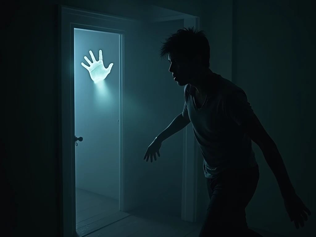 A hyper-realistic image of Aditya slowly backing away in fear from the dark room as a ghostly hand reaches out towards him. The room is dimly lit, with shadows dancing across the walls. The hand is thin, pale, and translucent, with long, bony fingers, eman...