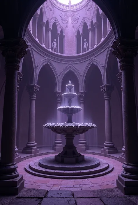 Purple atmosphere with Gothic architecture interior with statues and a fountain