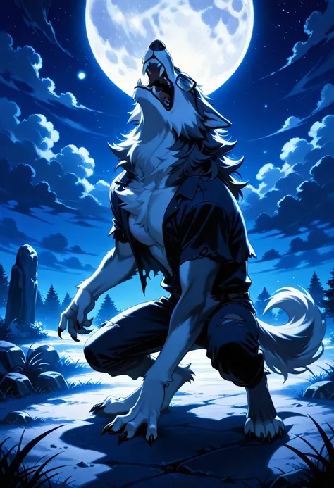 1man, Demi god, half human, half wolf, night, blue theme, eerei, dramatic, howling, full moon, claws, glasses, werewolves, furry, ripped clothes ,dark cloud,  fangs