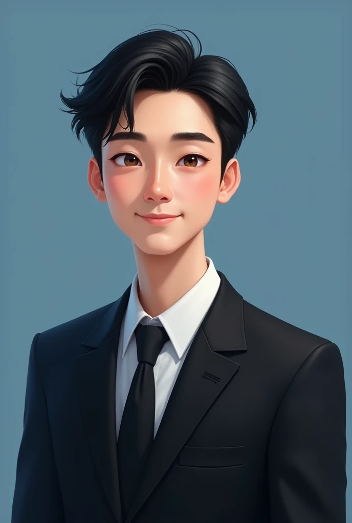 A high-definition, realistic portrait of a young man in formal attire. He is wearing a black suit and tie with a white shirt, standing against a plain blue background. The man has short, neatly styled black hair, slightly arched thin eyebrows, and a subtly...