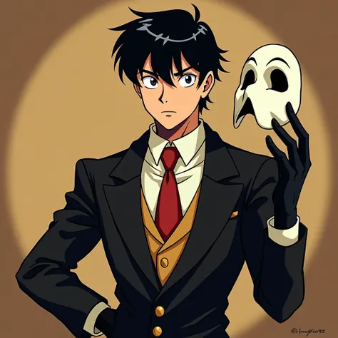 a mysterious 20-year-old man ,  in a formal costume inspired by the anime of the 60s ,  with a retro touch and a drawing style similar to that of the Sailormoon series. In his hand,  holds a theatrical mask that represents Piangi , a character from the mus...