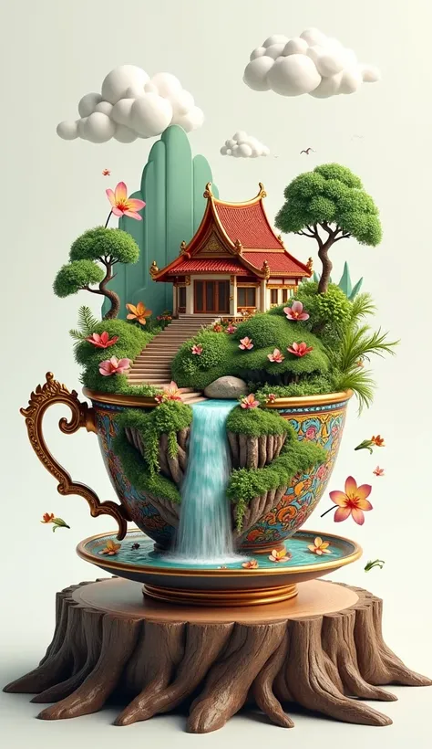 An image featuring a traditional Thai scene contained within a tea cup. The tea cup should be intricately decorated with Thai pattern. Inside the cup, depict the scene features a beautiful traditional Thai house as its centerpiece. A small, crystal-clear w...