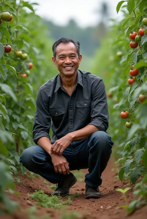 ((best quality)), ((masterpiece)), (detailed), 1man, Javanese man crouching down on one knee on a tomato fields wearing long jeans and dark grey plain long sleeve collared shirt with double pocket, happy face, full body, tomato fields on background