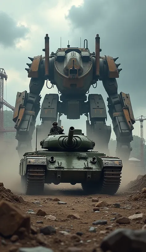 A heavily armored tank with a rotating turret faces a giant bulldozer with jagged blades on a construction site amidst a stormy sky.