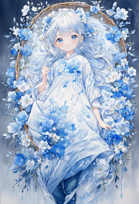 (  perfect anatomy )     Beautiful blue embroidered flowers 、Baby kitsune，   beautiful girl with beautiful face and kind smile   .    artistic concept of digital art illustration   、  oversized shirt simple in blue jeans  , Abstract,  light basket with dri...