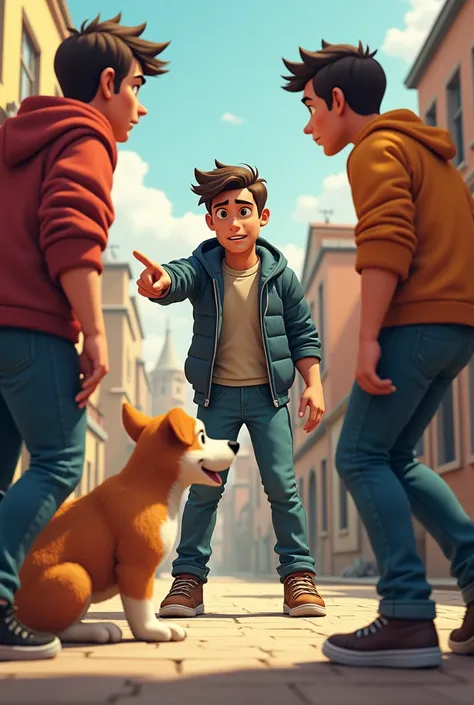 Young men standing upright with a determined expression, pointing toward the dog as if ready to take action, while Chintu watches him.
3D young cartoon photo 
