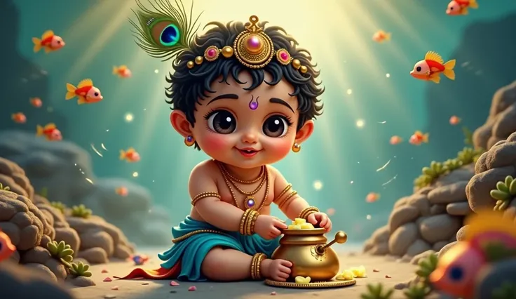 hindu god cute little baby krishna wearing blue dhoti jwellery crown and peacock feather on head sitting under the ocean and eating pot of butter golden light coming out of background fish near by golden particles 