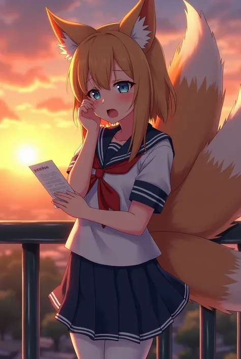 Anime mature nine-tailed fox girl with Japanese uniform. She has medium breast. She is crying wail and her left hand is holding a love letter at sunset. Her right hand is raising to wipe tears. She is wearing a white leggings. She is leaning against the ra...