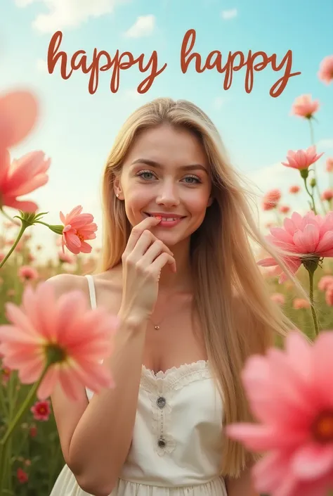 1girl, Photo of a beautiful Italian woman, her left hand touching the corner of her mouth, smiling sweetly. Colorful flowers surround her face and shoulders. She wears a white dress, her long blond straight hair blowing in the wind.
Romantic and soft atmos...