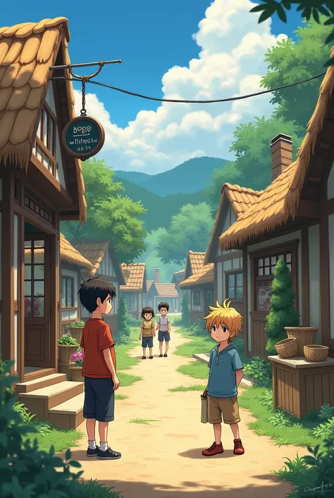 Village Shop Exterior
A small, cozy shop in a rural village setting with wooden walls and a thatched roof. Two boys one short and one tall, stand outside the shop smiling. The shop sign is simple, and the surrounding area includes greenery, small houses, a...