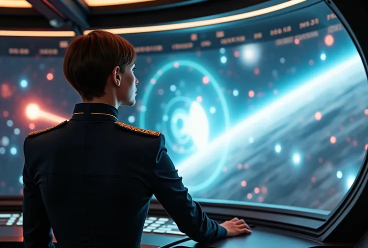  higher quality , Epic battle, The bridge of a space warship ,  a French officer giving instructions to the fleet while observing a holographic projection of the battle situation,  Huge and dazzling image of the goddess ,  wearing a European Space Army uni...