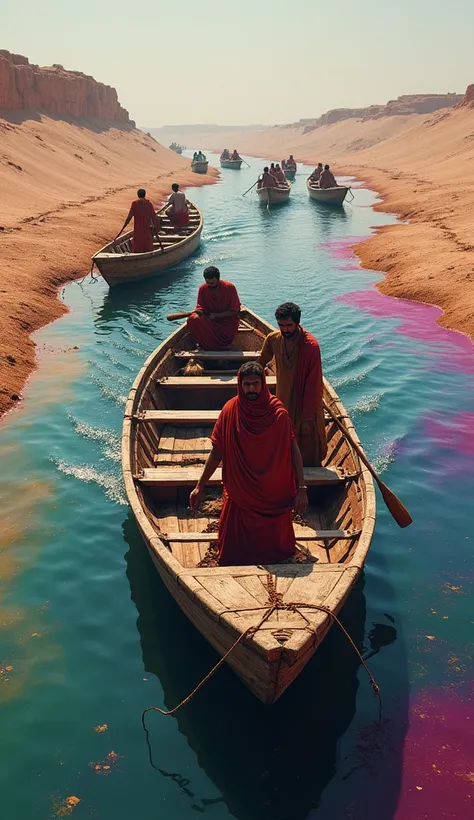 Boats on indus river drought or dyeing river