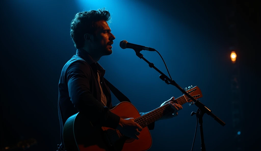 The image depicts a silhouette of male musician in a focused moment, performing on stage with a guitar. He is singing into a microphone, illuminated by soft, dramatic lighting that highlights his features and instrument with blue and warm orange hues domin...