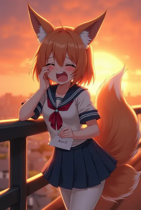 Anime mature nine-tailed fox girl with Japanese uniform. She has medium breast. She is crying wail and her left hand is holding a love letter at sunset. Her right hand is raising to wipe tears. She is wearing a white leggings. She is leaning against the ra...