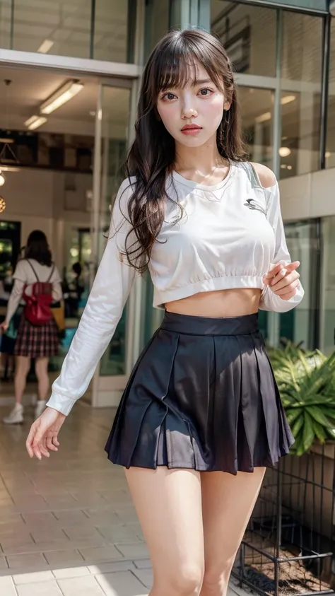 A beautiful young Japanese woman, 20 years old, with perfect anatomy, healthy thighs, beautiful feet, flawless skin, random hair color and style, large bust, (she is standing:1.2), wearing a cheerleader uniform with micro-pleated miniskirt, in a full body ...