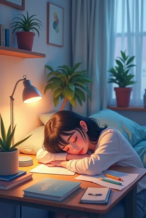 A peaceful lofi scene of a female student asleep at her study desk in her cozy bedroom. She’s surrounded by books, notebooks, and a warm lamp casting a soft glow. The room has a calm, minimalist aesthetic with calming pastel tones, a bed in the background,...