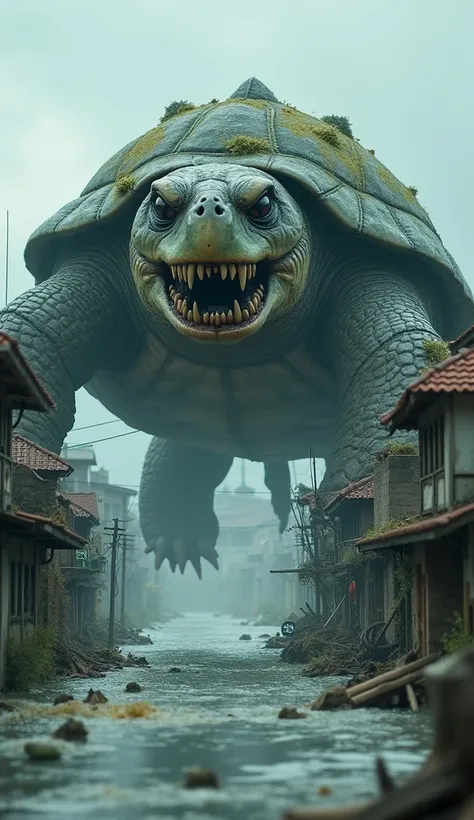 realistic photo close-up of a city submerged by tsunami waves and the figure of a large, scary Zombie Turtle crawling on the roofs of houses in dense villages, houses that were submerged due to the tsunami, the height of the flood water is as high as the r...