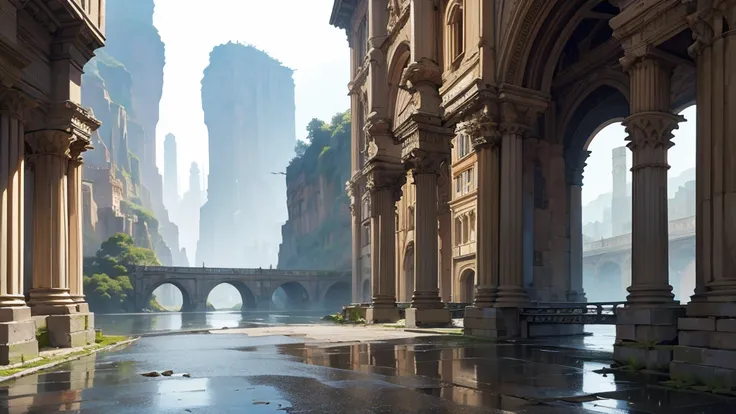 ((  masterpiece )),(( best quality )),((high detail)),((realistic,))
ancient ruins ,  deep canyons in the middle,  architectural streets , Bazaars, bridges, rainy days, dark fantasy, European architecture
