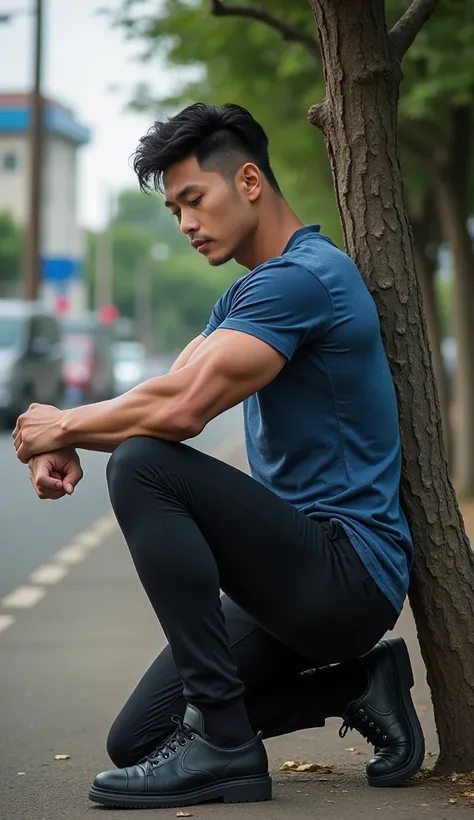  navy round neck t-shirt pose for korean men , (((Big arm muscles,  tight breasts  ,  Muscle Bundle , ))), ((( navy shirt round neck flat neck  ))),, (((Men with short hair))), (((,  big musclesbig body ))), (((  acid t-shirt  ))), ((Short Hairstyle))), kn...