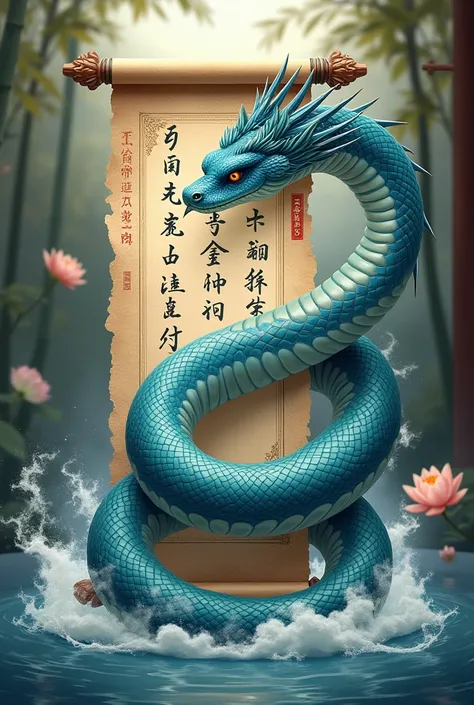 A graceful water snake coiling around a Chinese scholar’s scroll, its body shimmering with shades of deep blue and aqua, representing wisdom and knowledge, the scroll adorned with ancient calligraphy and symbols of learning, surrounded by tranquil waves an...